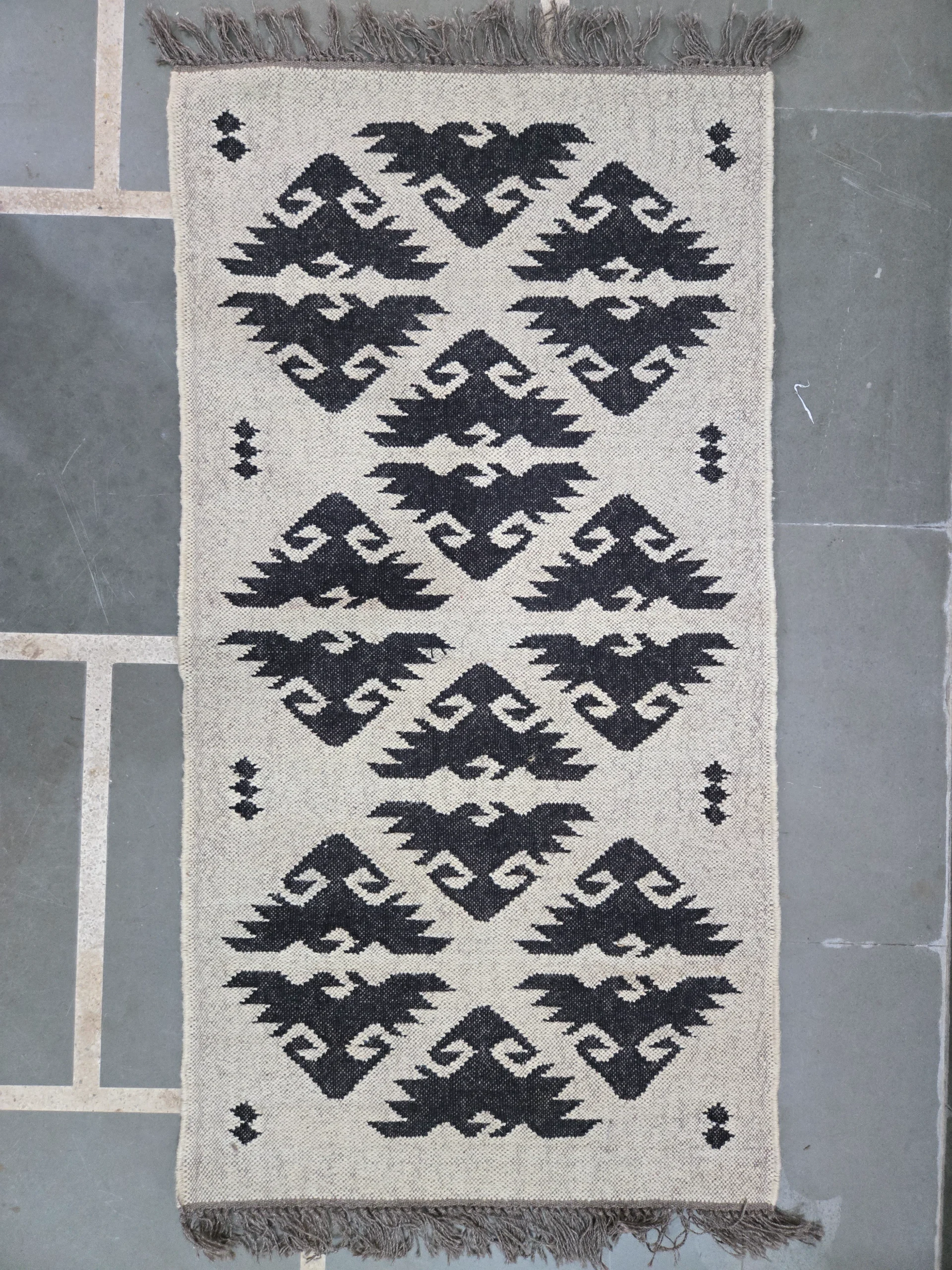 Black white Aztec kilim rug