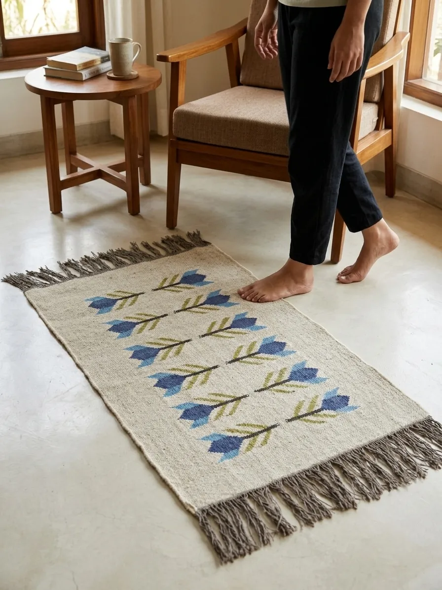 Blue folk motif kilim rug