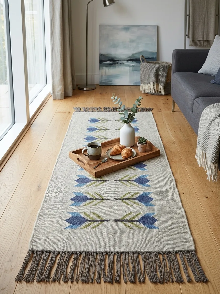 Blue patterned bohemian floor rug