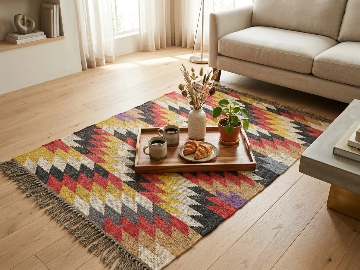 Colorful Indian dhurrie flatweave rug