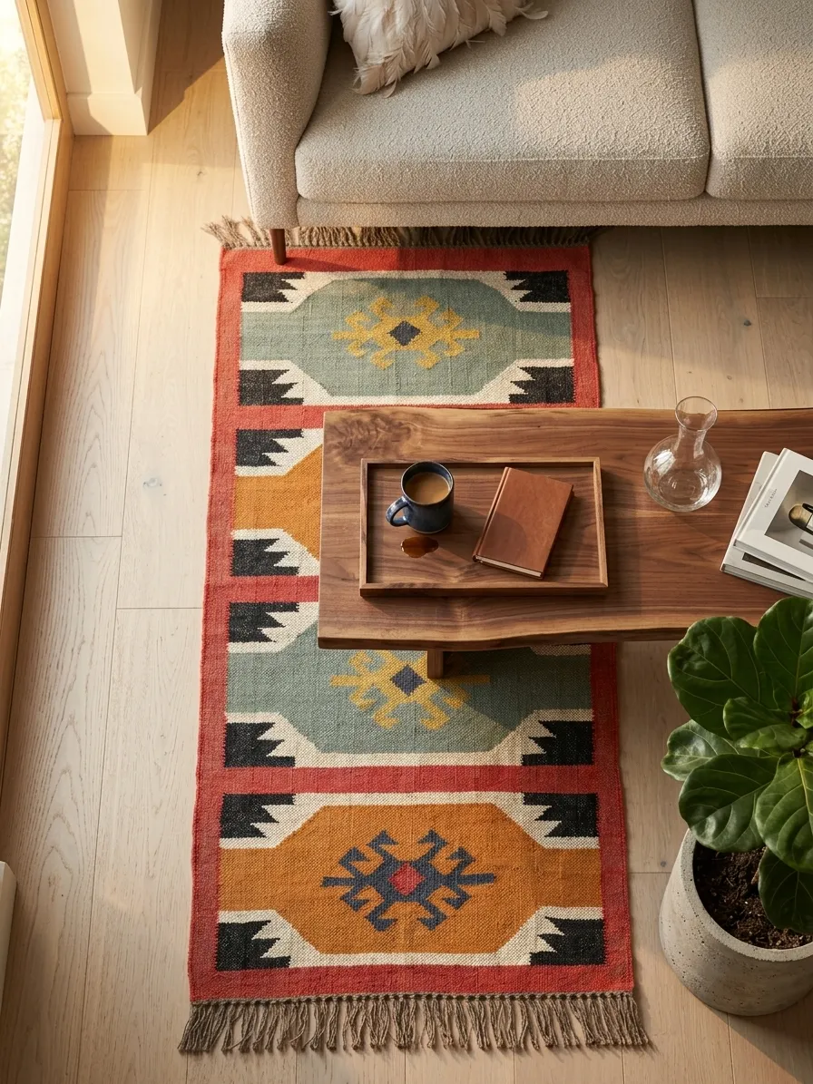 Colorful folk motif tribal rug