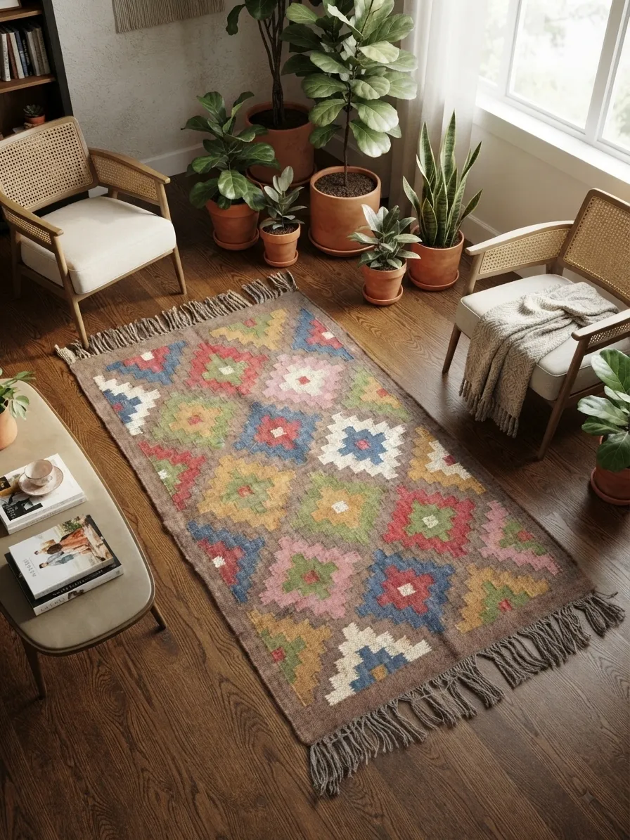 Distinctive geometric folk motif rug