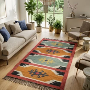 Earthy geometric folk design rug