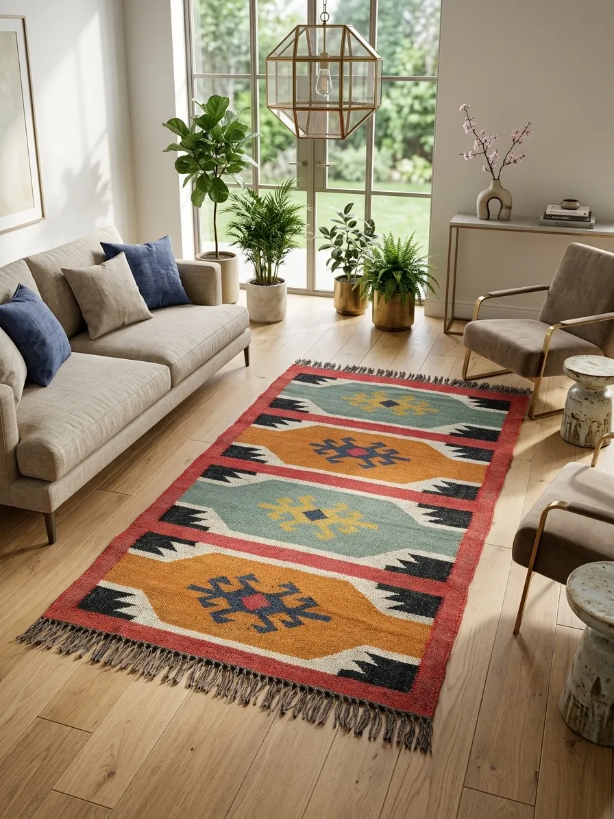 Earthy geometric folk design rug