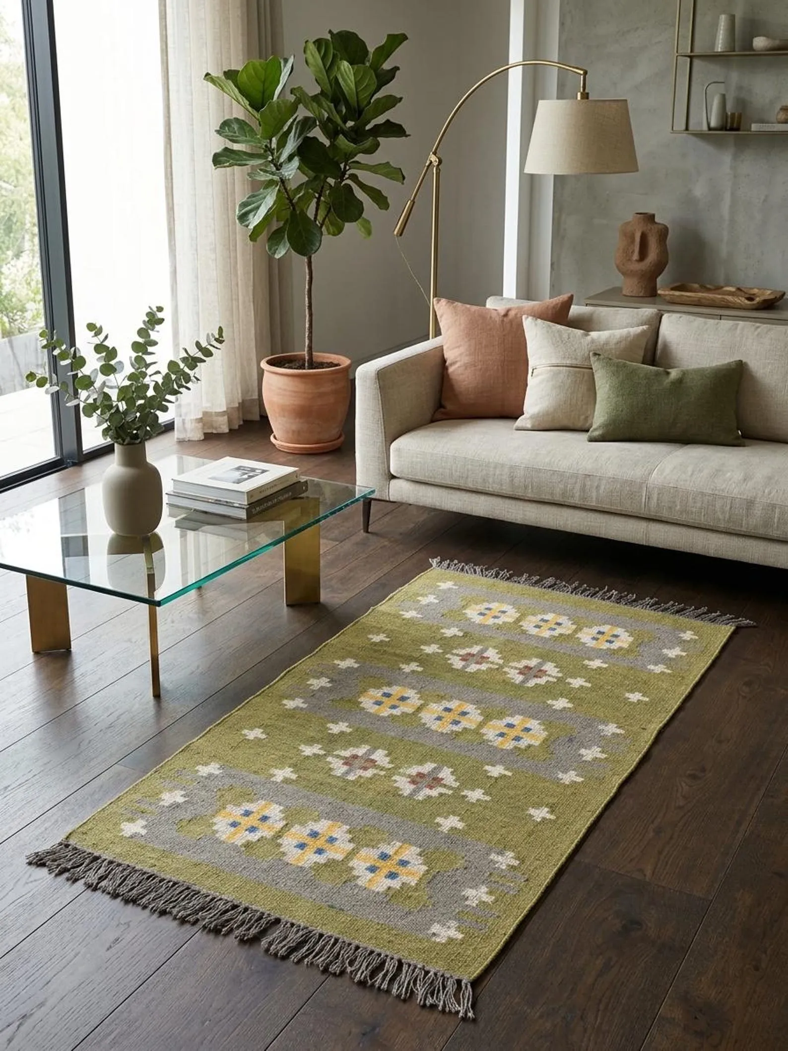 Earthy olive green kilim design