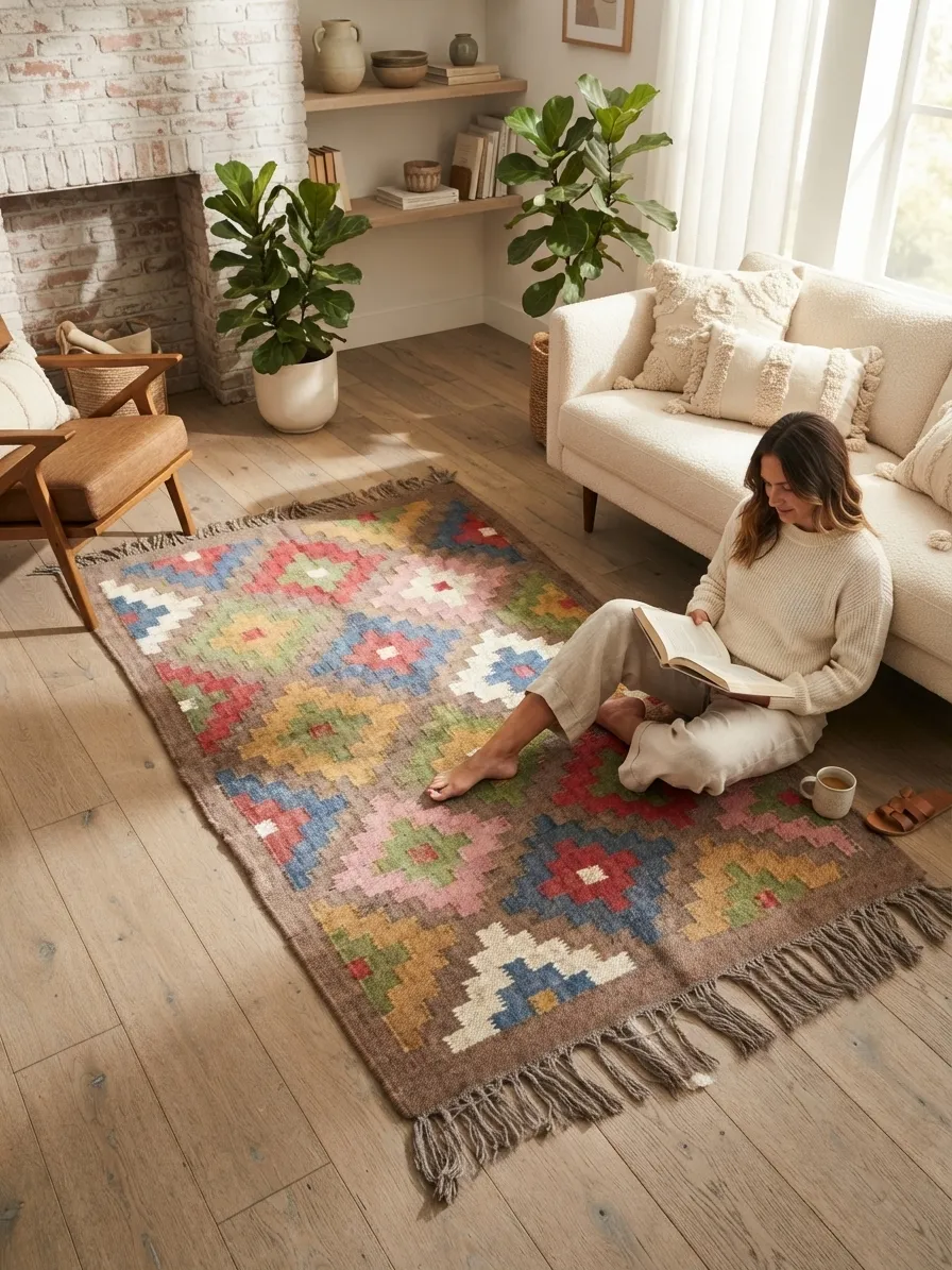 Handcrafted geometric Indian rug pattern