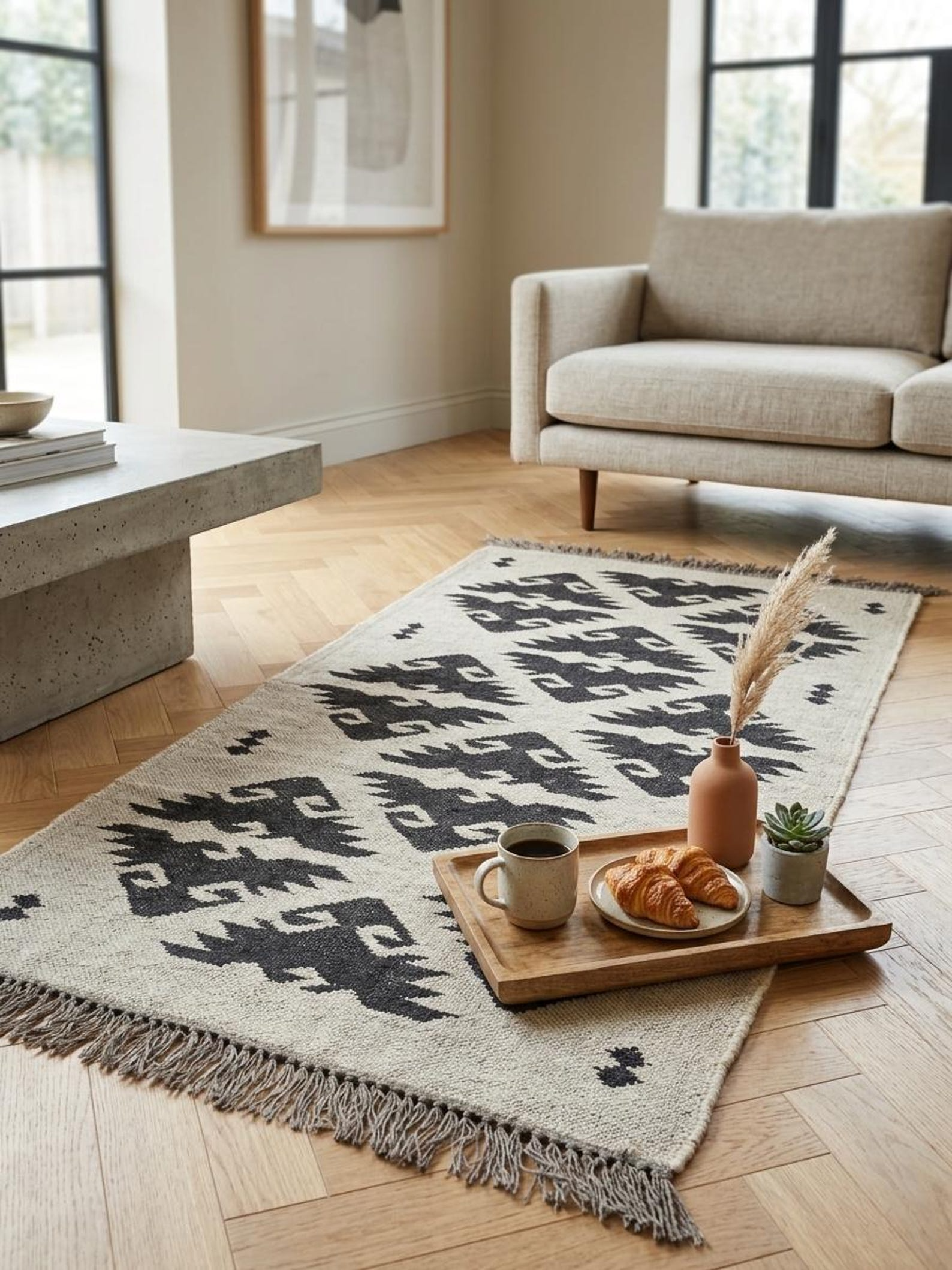 Handwoven black ivory kilim rug