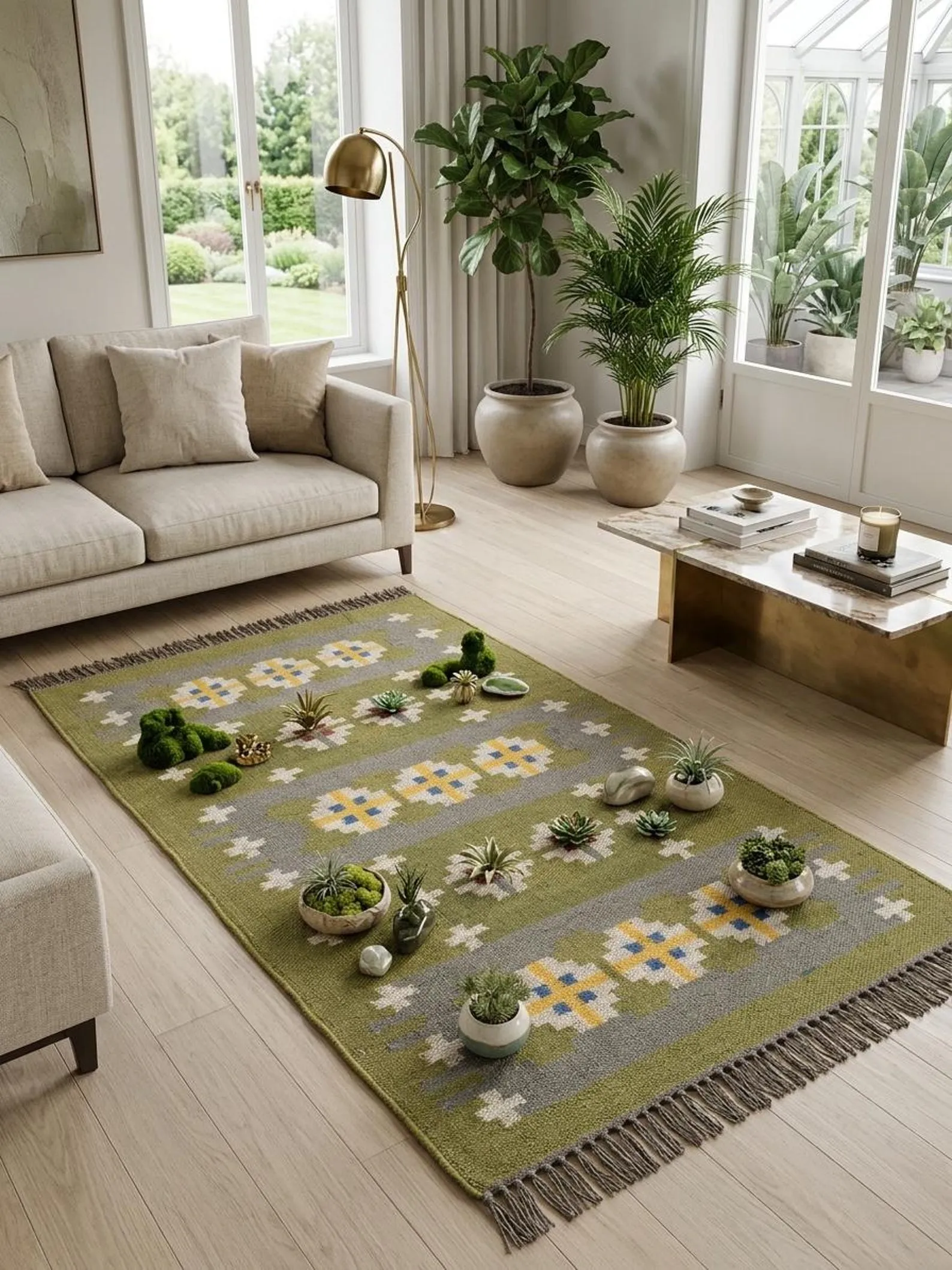 Handwoven olive green farmhouse rug
