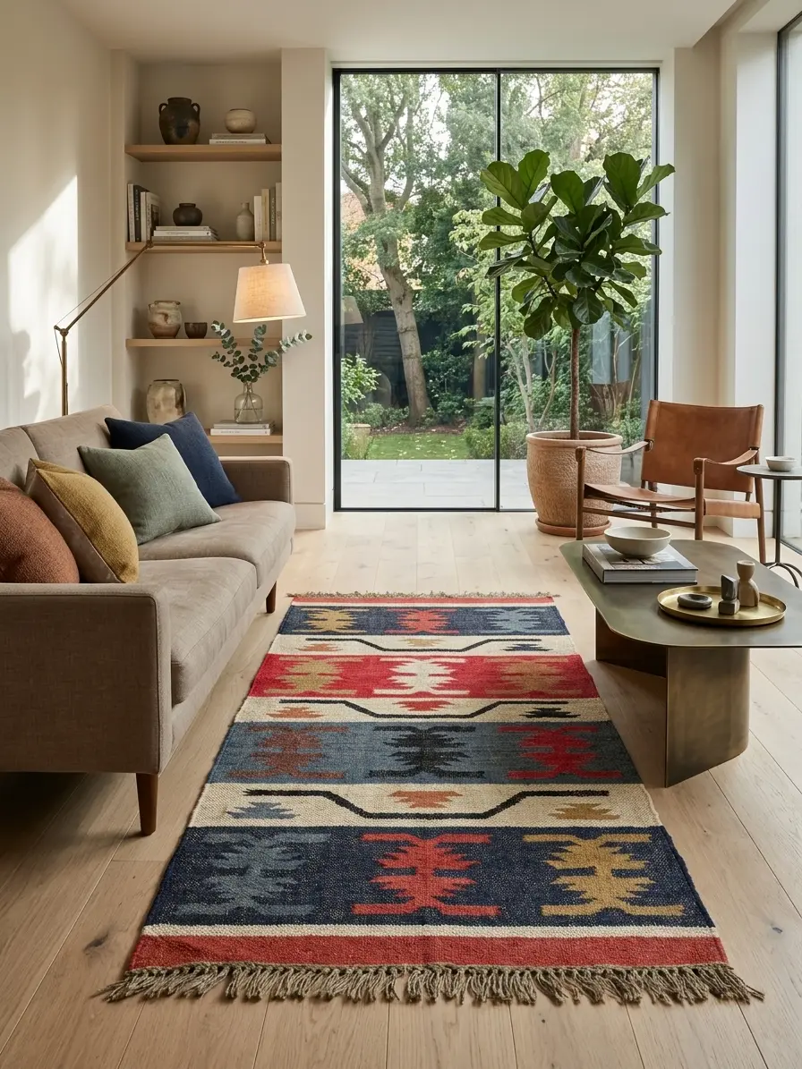 Ivory blue tribal kilim pattern