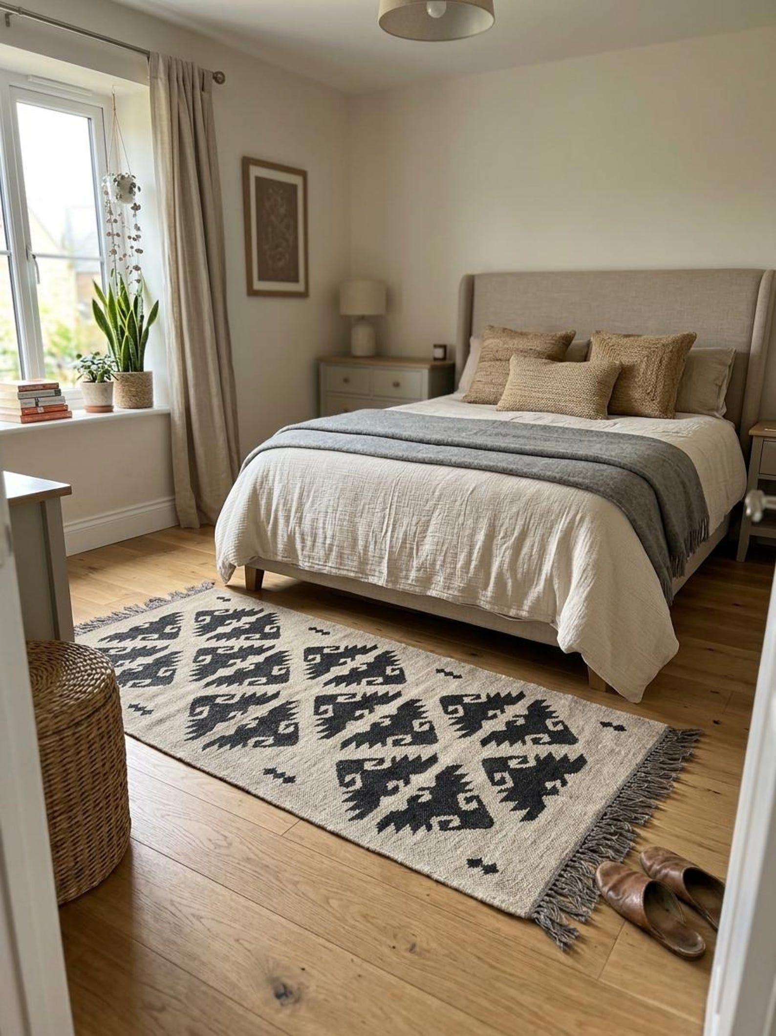 Monochrome Indian geometric area rug
