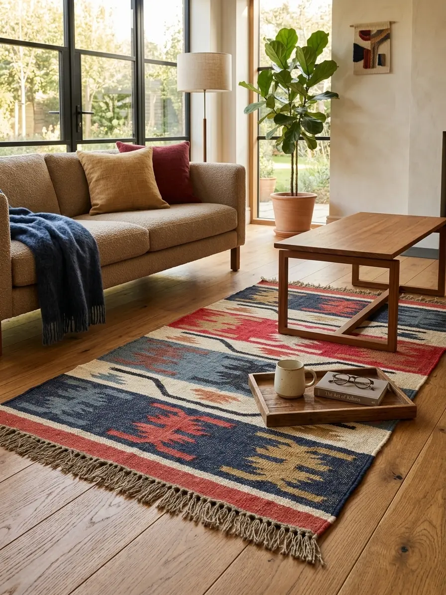 Multicolor tribal print kilim rug