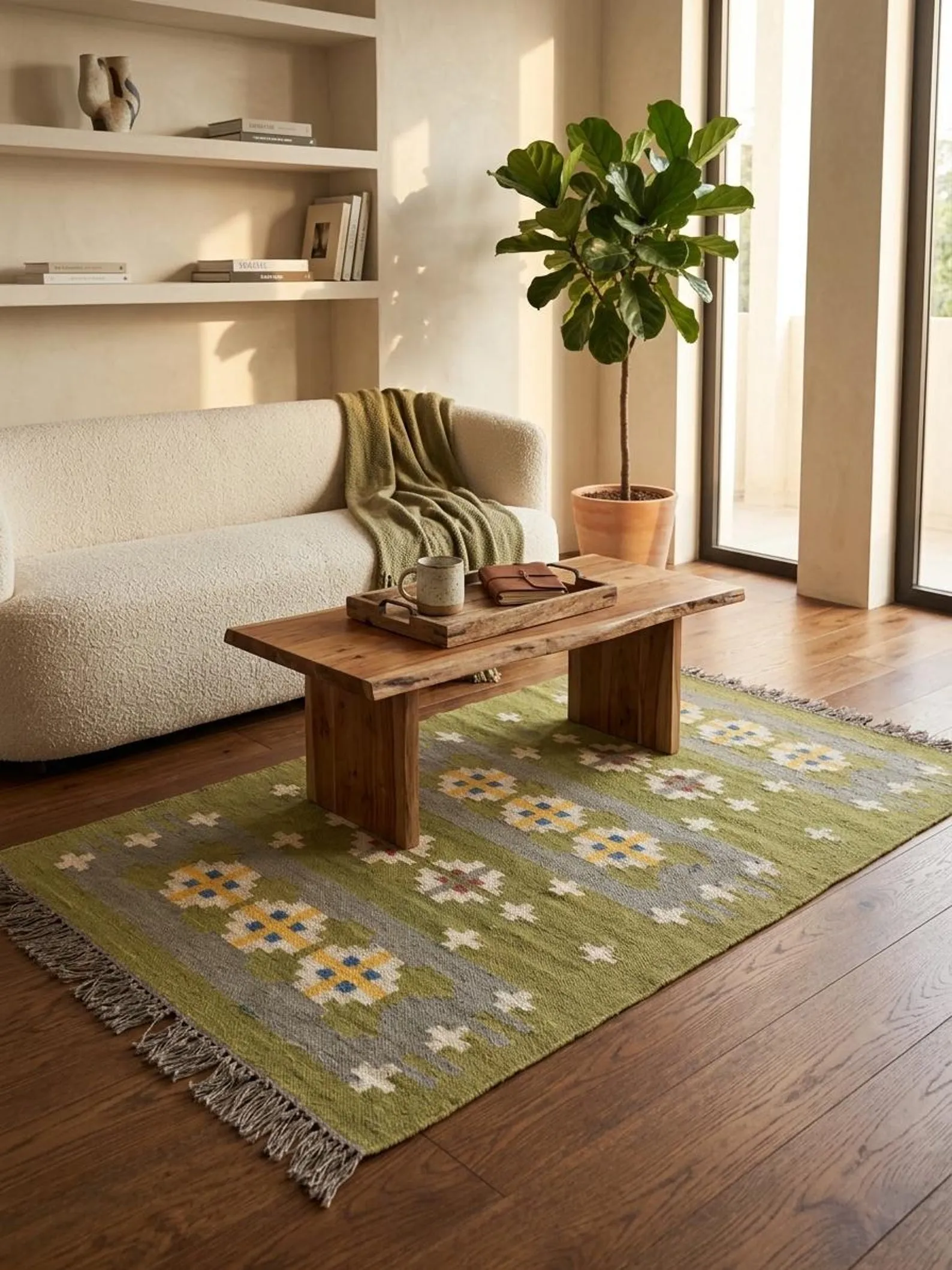 Muted green boho farmhouse rug