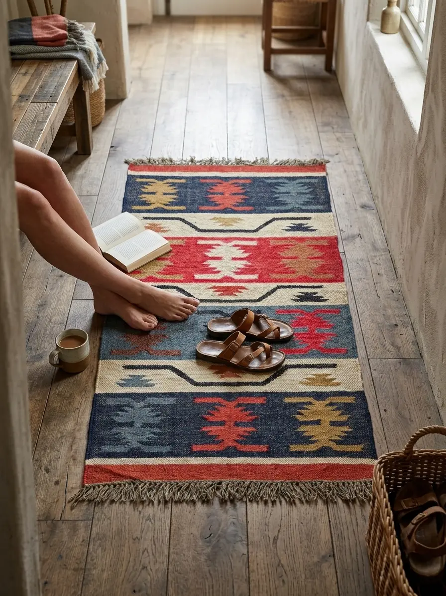 Red navy striped tribal rug