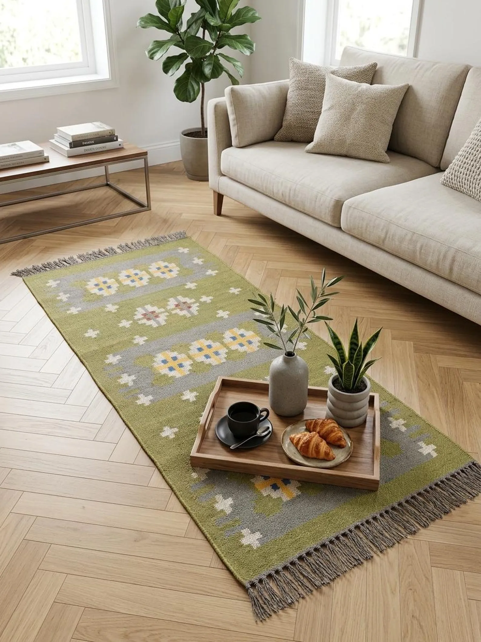 Rustic olive geometric area rug