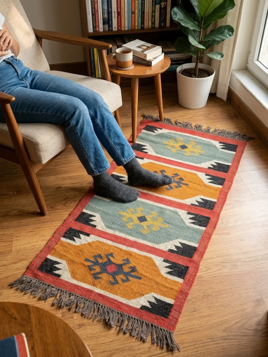 Symmetrical geometric tribal rug motifs