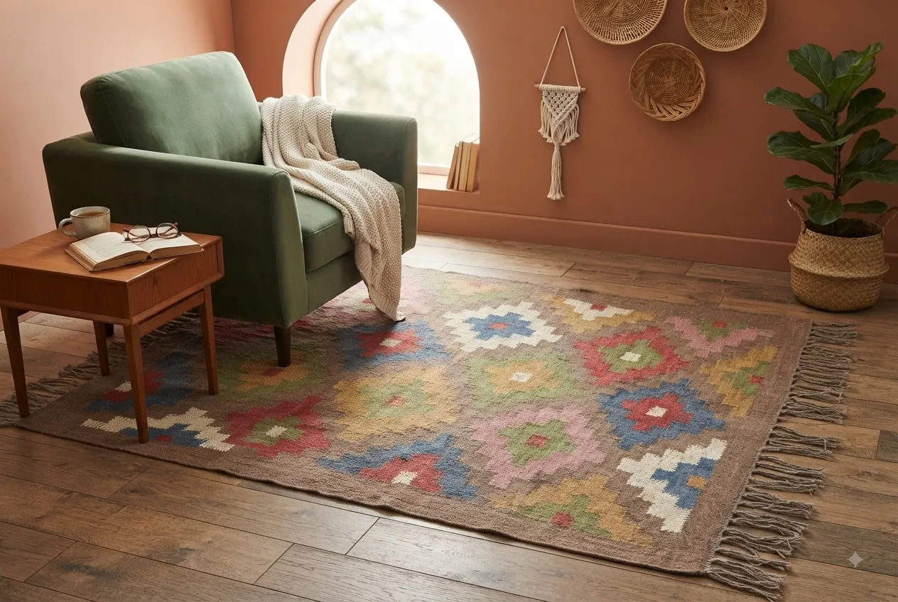 Geometric Rug | Colorful Indian Geometric Motif Kilim - Image 2