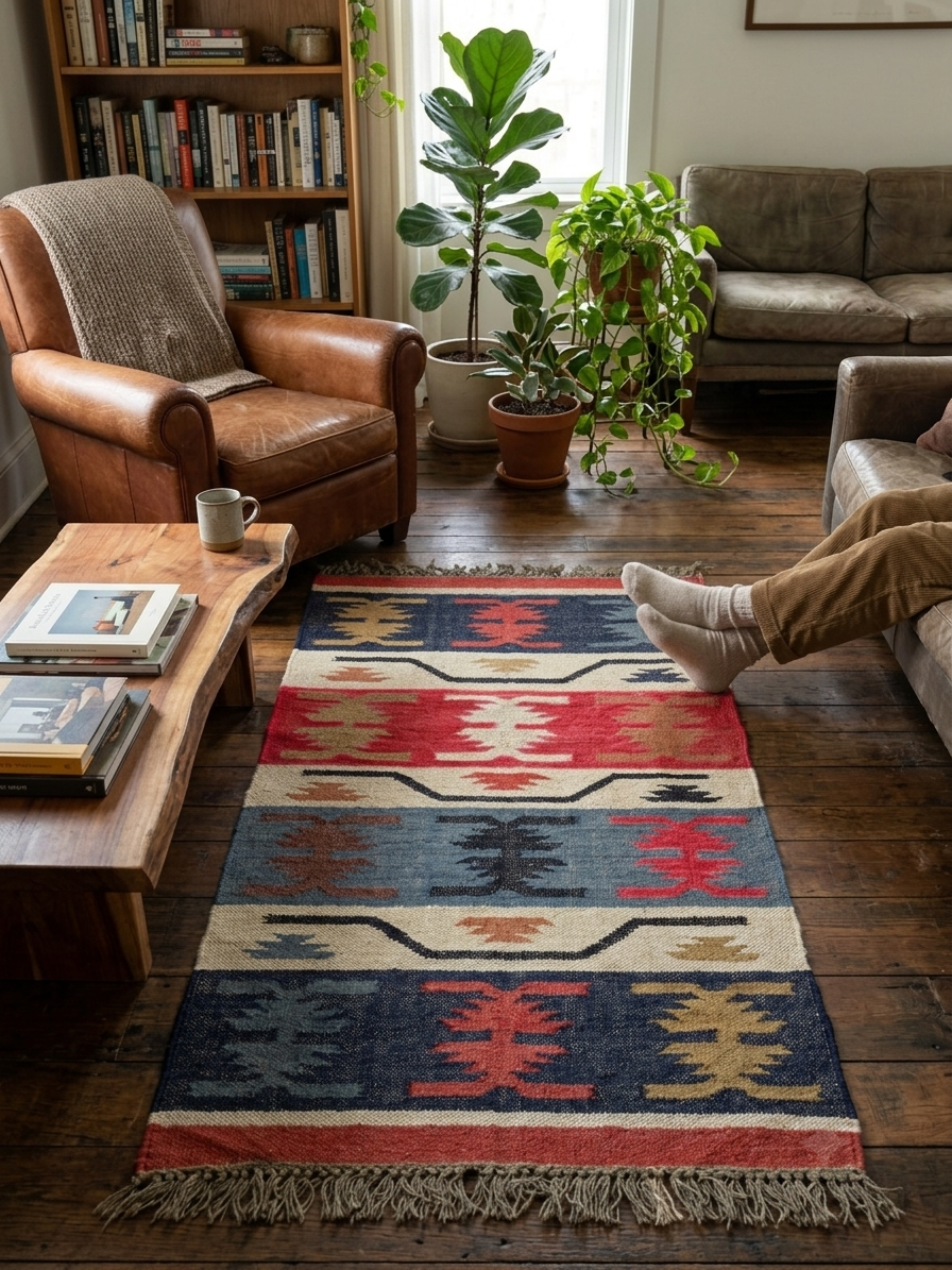 Tribal geometric rug zigzag accents