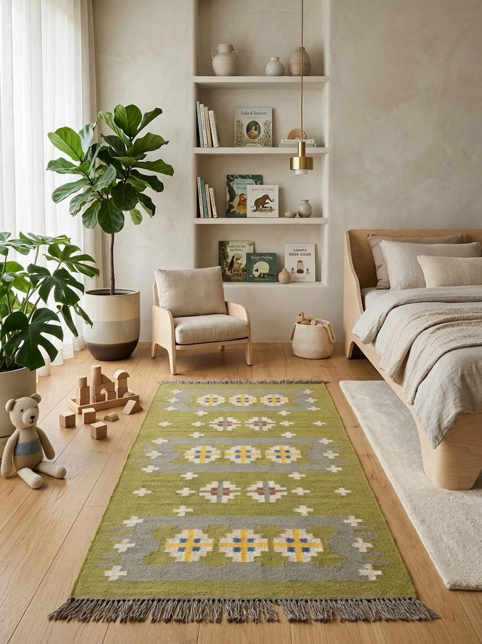 Farmhouse Boho Rug | Olive Green Floral Kilim Design - Image 2