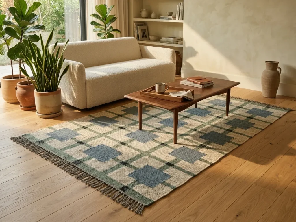 Wool rug blue grid pattern