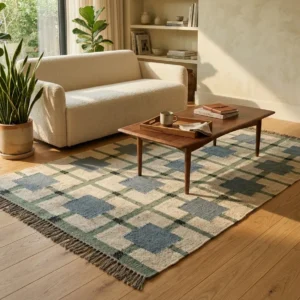 Wool rug blue grid pattern