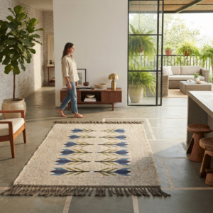boho area rug blue arrow