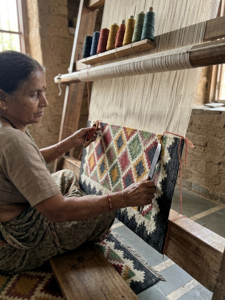 Working woman making rug